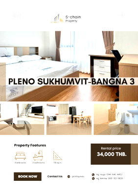 เช่าทาวน์โฮม สมุทรปราการ : 🏡🧡 ทาวน์โฮม 3 ห้องนอน เฟอร์นิเจอร์ครบ พร้อมอยู่! ใกล้ Mega Bangna ✨ Pleno Sukhumvit–Bangna 3 ✨NO-122