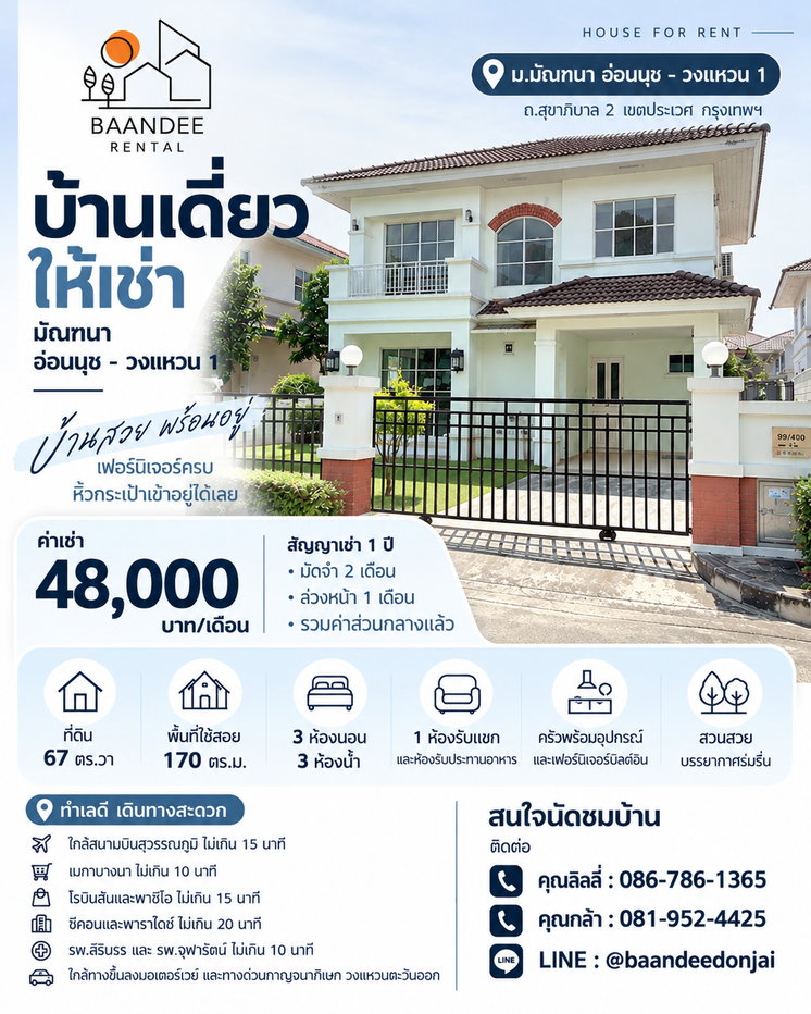 รูป ให้เช่าบ้านเดี่ยว มัณฑนา อ่อนนุช–วงแหวน 1 (67 ตร.ว.) 4นอน 4น้ำ ใกล้สุวรรณภูมิ - รูปที่ 1/29