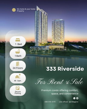 ‼️ For Rent&Sale  333 Riverside 📍1,Bedroom  ราคา  25,000/Month 💫
