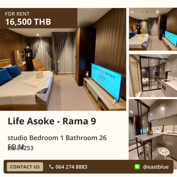 ให้เช่าคอนโด Life Asoke - Rama 9 สตูดิโอ ใกล้ MRT พระราม 9 16,500 บาท/เดือน 🏙️