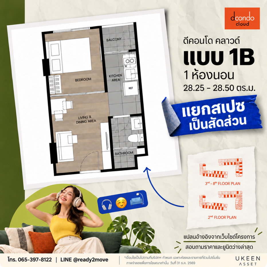 รูป แปลนห้องที่ใช่… ให้ทุกวันเป็นชีวิตที่ชอบ ☁️💙 ดีคอนโด คลาวด์ ดอนเมือง | Dcondo Cloud donmeang คอนโดแต่งครบ โดยแสนสิริ เริ่ม 1.39 ล้านบาท* - รูปที่ 3/6