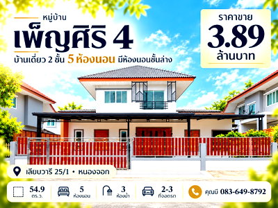 บ้านเดี่ยว กรุงเทพมหานคร : ขายบ้านเดี่ยว เพ็ญศิริ 4 เลียบวารี 25/1 หนองจอก บ้าน 2 ชั้น เนื้อที่ 54.9 ตร.ว. 5 ห้องนอน 3 ห้องน้ำ มีห้องนอนชั้นล่าง จอดรถ 2-3 คัน ราคา 3.89 ล้านบาท