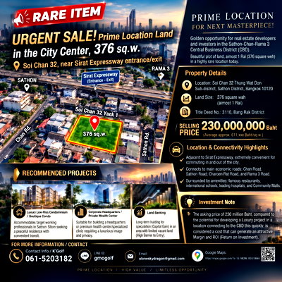 Land for sale Sathon Nuea Road : 🚨  Urgent sale! Land with potential location in the heart of the city, 376 sq m, Soi Chan 32, near the Si Rat Expressway entrance and exit.