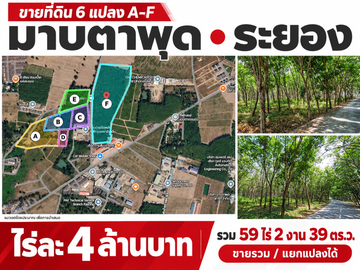 "ด่วน! ขายที่ดินมาบตาพุด ระยอง ไร่ละ 4 ล้าน | แบ่ง 6 แปลง เลือกได้ ติดถนนสายหลัก เดินทางง่าย ท่าเรือ-สนามบินครบ"