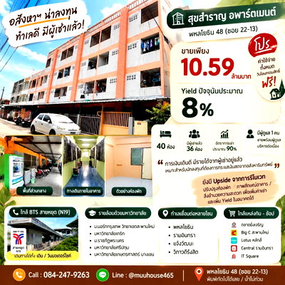 กิจการ กรุงเทพมหานคร : ขายอพาร์ตเมนต์พหลโยธิน 48 10.59 100 ตารางวา ฟรีสินควบ ฟรีค่าใช้จ่ายโอนกรรมสิทธิ์ 